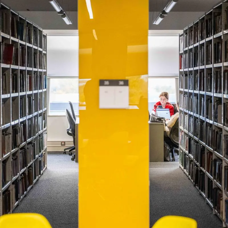 Library image looking through the shelves to a student working at the end